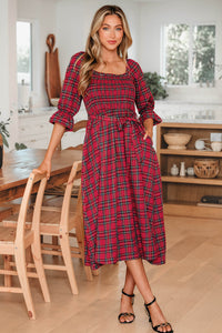 KaleaBoutique Stylish Plaid Square Neck Puff Sleeve Knot Waist Flared Midi Dress - KaleaBoutique.com
