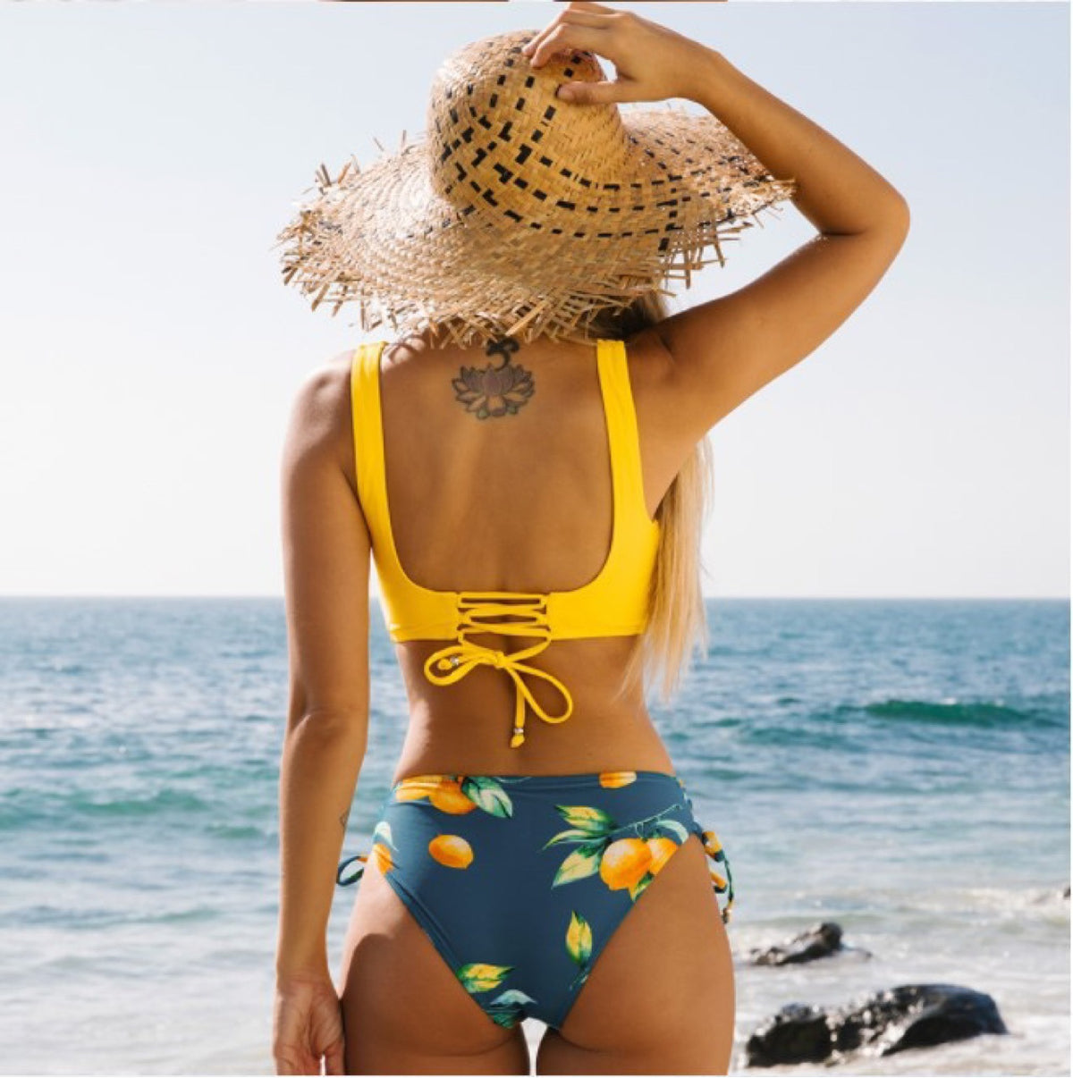 Women's Yellow Wrap-Front Tie Back Lemon Print 2 PC Bikini Set - KaleaBoutique.com