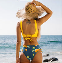 Women's Yellow Wrap-Front Tie Back Lemon Print 2 PC Bikini Set - KaleaBoutique.com