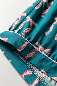 KaleaBoutique Stylish Ribbon Bow Print Silky Long Sleeve Shirt and Shorts 2pcs Pajama Set - KaleaBoutique.com