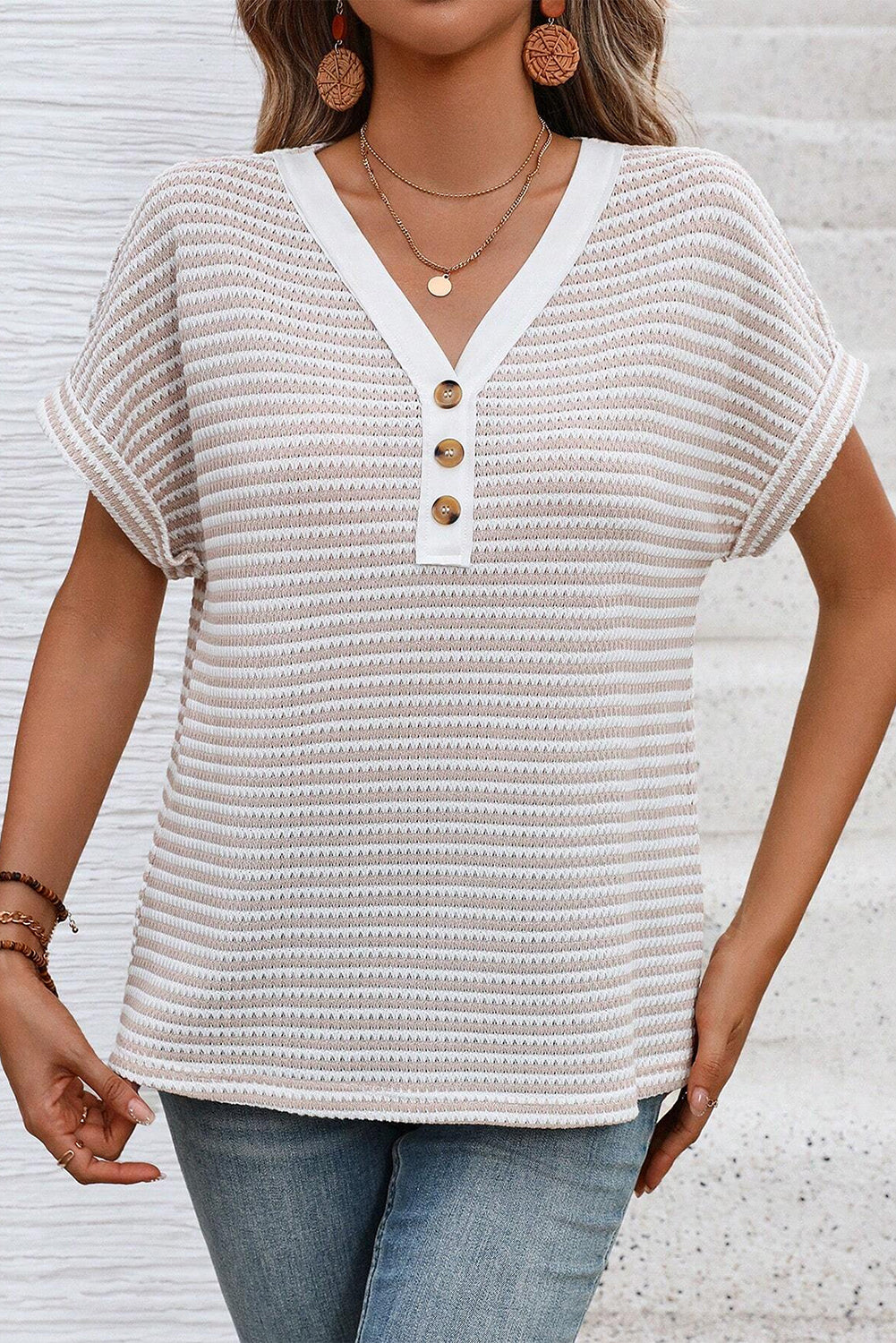 KaleaBoutique Stylish Buttoned Front V Neck Knitted T Shirt - KaleaBoutique.com