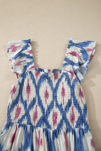 KaleaBoutique Stylish Ethnic Geometric Print Square Neck Smocked High Waist Ruffle Sleeve Dress - KaleaBoutique.com