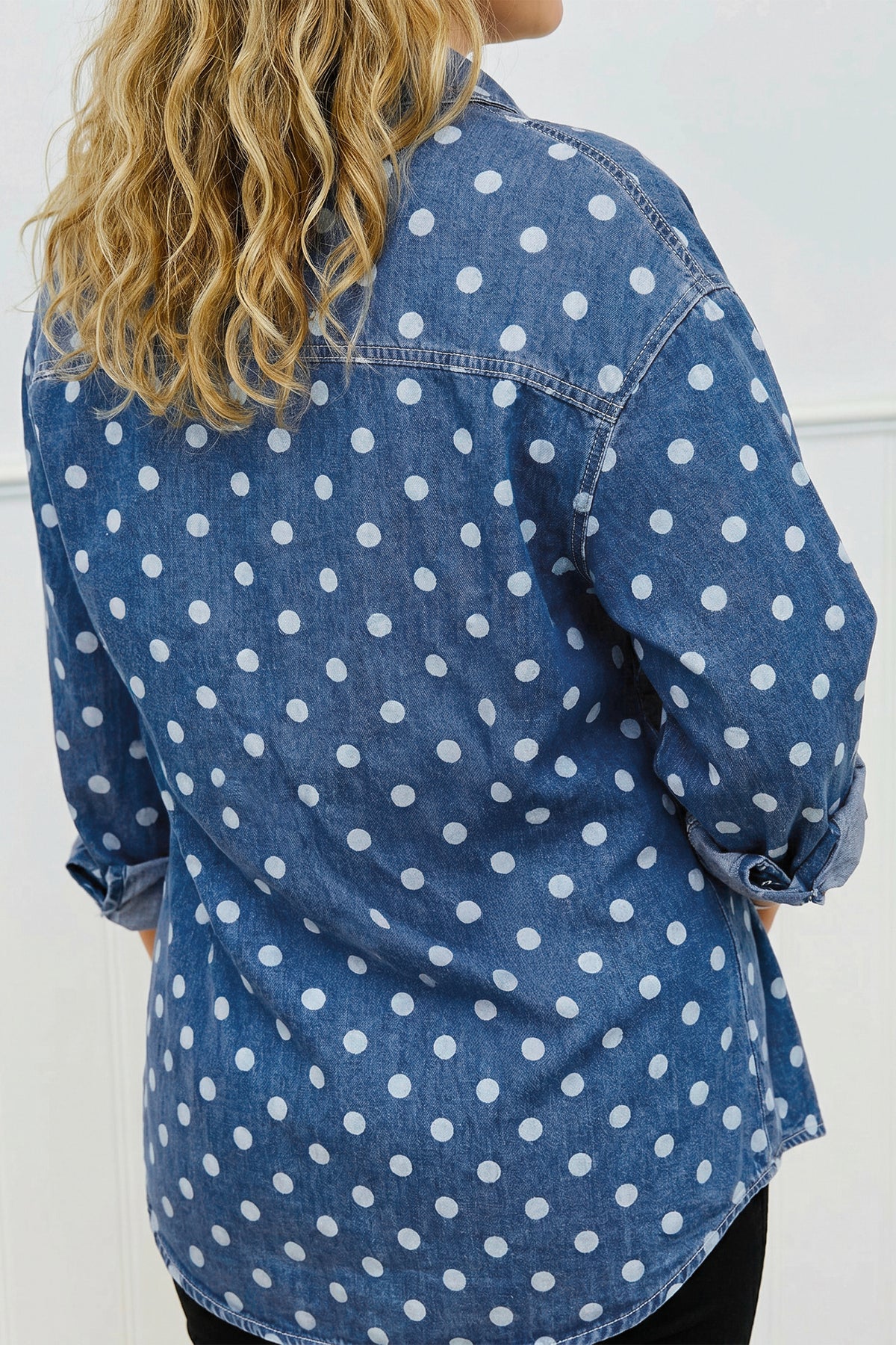 Polka Dot Long Sleeve Collar Shift Tunic Denim Jacket - KaleaBoutique.com