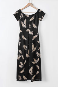 KaleaBoutique Stylish Black Pattern Print Off Shoulder Slit Bodycon Midi Dress - KaleaBoutique.com