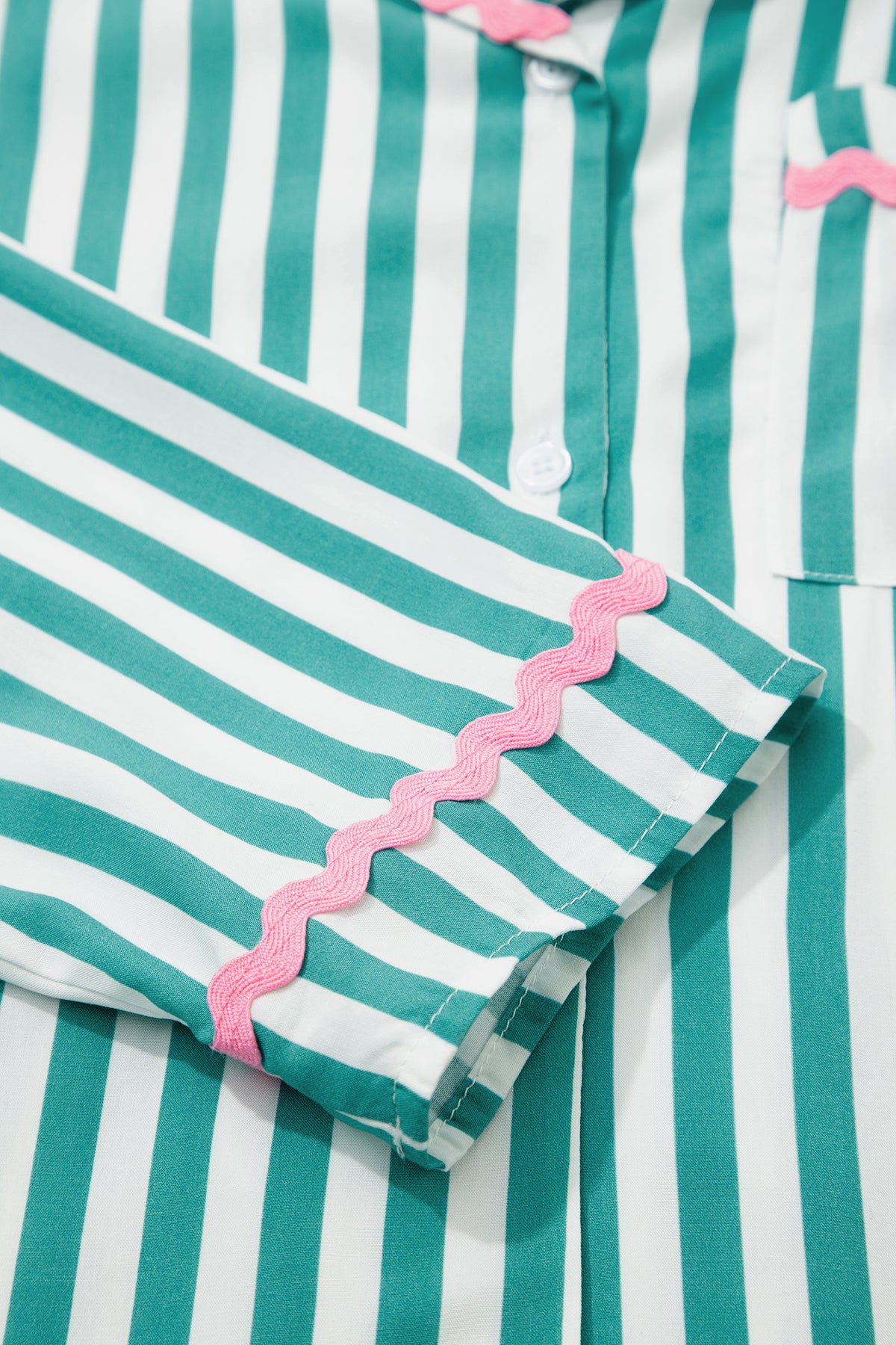 KaleaBoutique Stylish Contrast Ricrac Trim Long Sleeve Shirt Drawstring Ruffled Pajama Short Set - KaleaBoutique.com