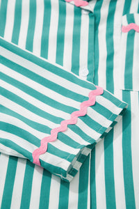 KaleaBoutique Stylish Contrast Ricrac Trim Long Sleeve Shirt Drawstring Ruffled Pajama Short Set - KaleaBoutique.com