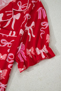 KaleaBoutique Stylish Sweet Bow Print Ruffled Short Sleeve Shirt Shorts 2pcs Pajama Set - KaleaBoutique.com