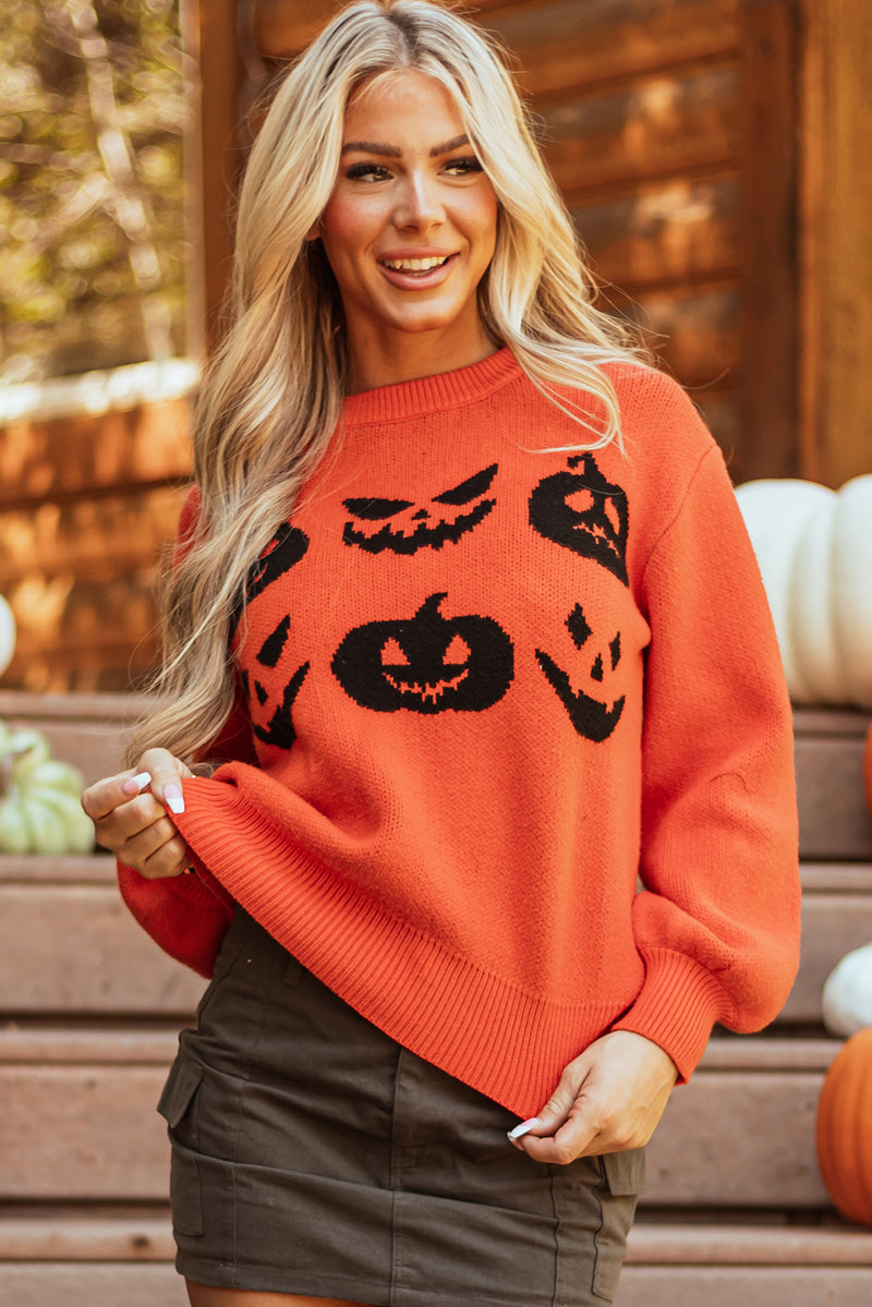 KaleaBoutique Halloween Pumpkin Face Pattern Drop Shoulder Sweater - KaleaBoutique.com