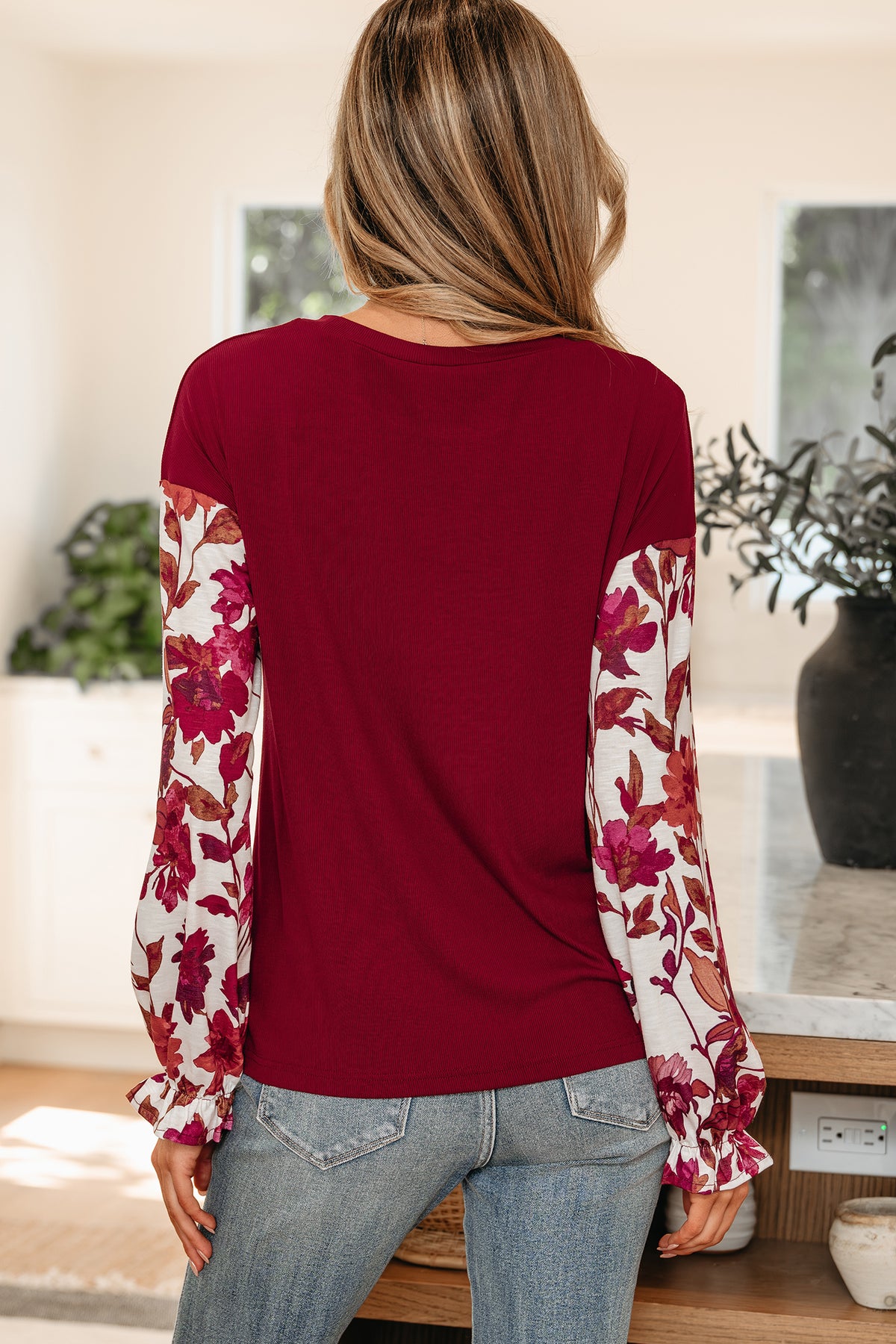 Contrast Floral Sleeve Solid Ribbed Body Patchwork Long Sleeve Top - KaleaBoutique.com