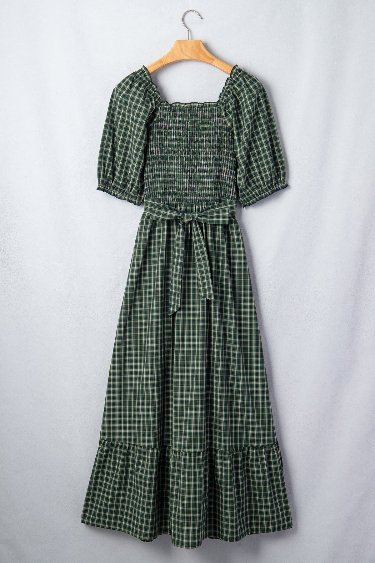 KaleaBoutique Comfortable Plaid Square Neck Shirred High Waist Ruffle Hem Dress - KaleaBoutique.com