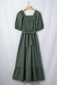KaleaBoutique Comfortable Plaid Square Neck Shirred High Waist Ruffle Hem Dress - KaleaBoutique.com