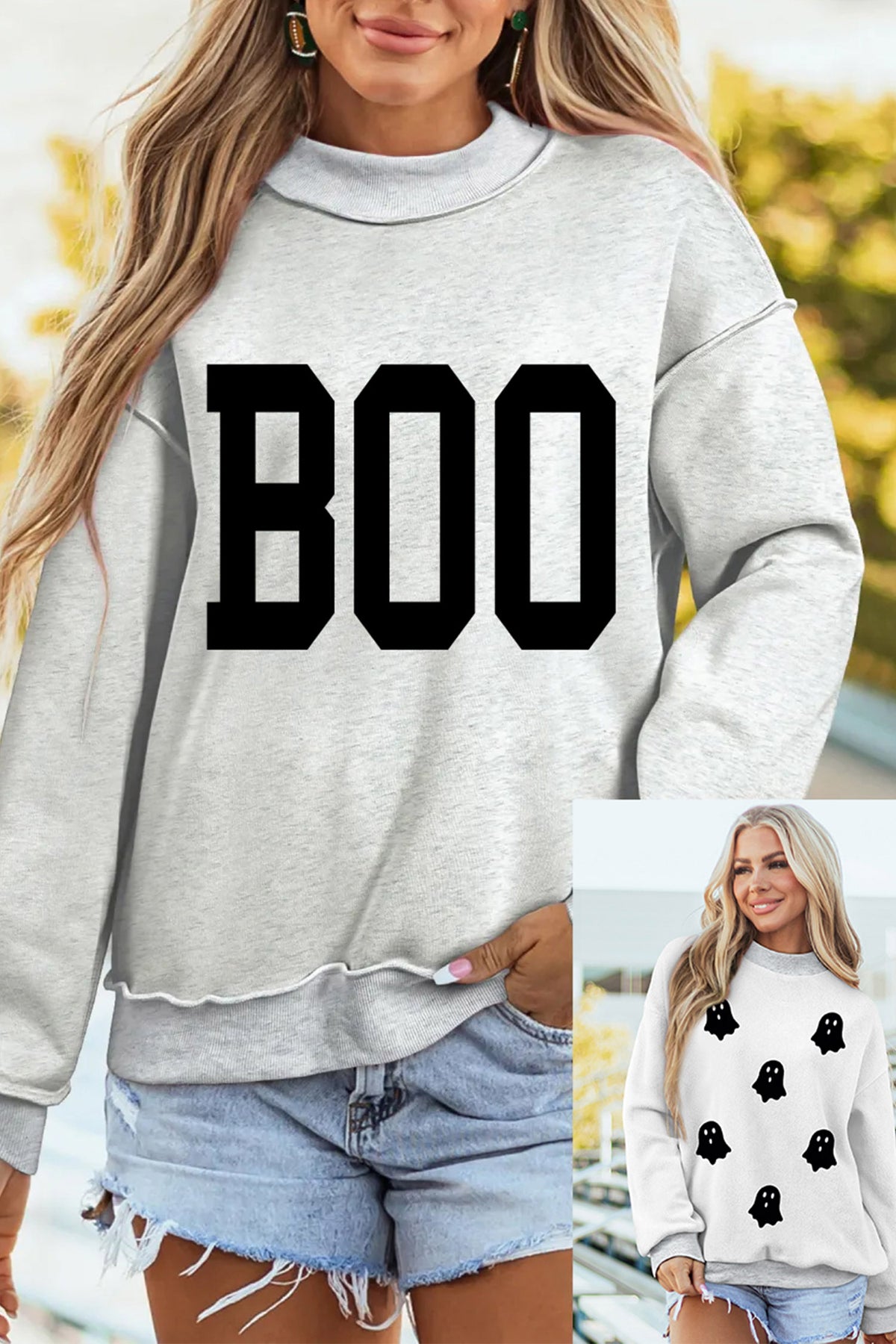 Light Grey BOO Ghost Print Reversible Mock Neck Halloween Sweatshirt - KaleaBoutique.com