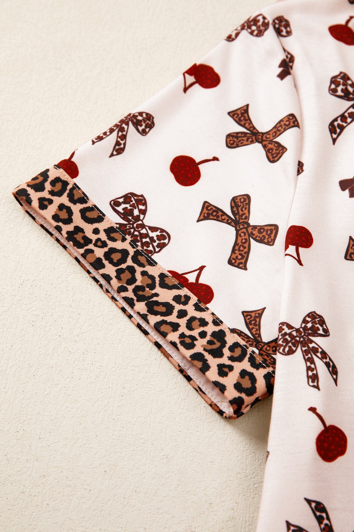 KaleaBoutique Stylish Chic Bow Cherry Printed Leopard Contrast Patchwork Shirt Drawstring Shorts 2pcs PJ Set - KaleaBoutique.com