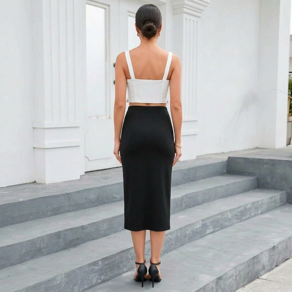 Women's High-Waist Ruched Slit Wrap Style Midi Skirt