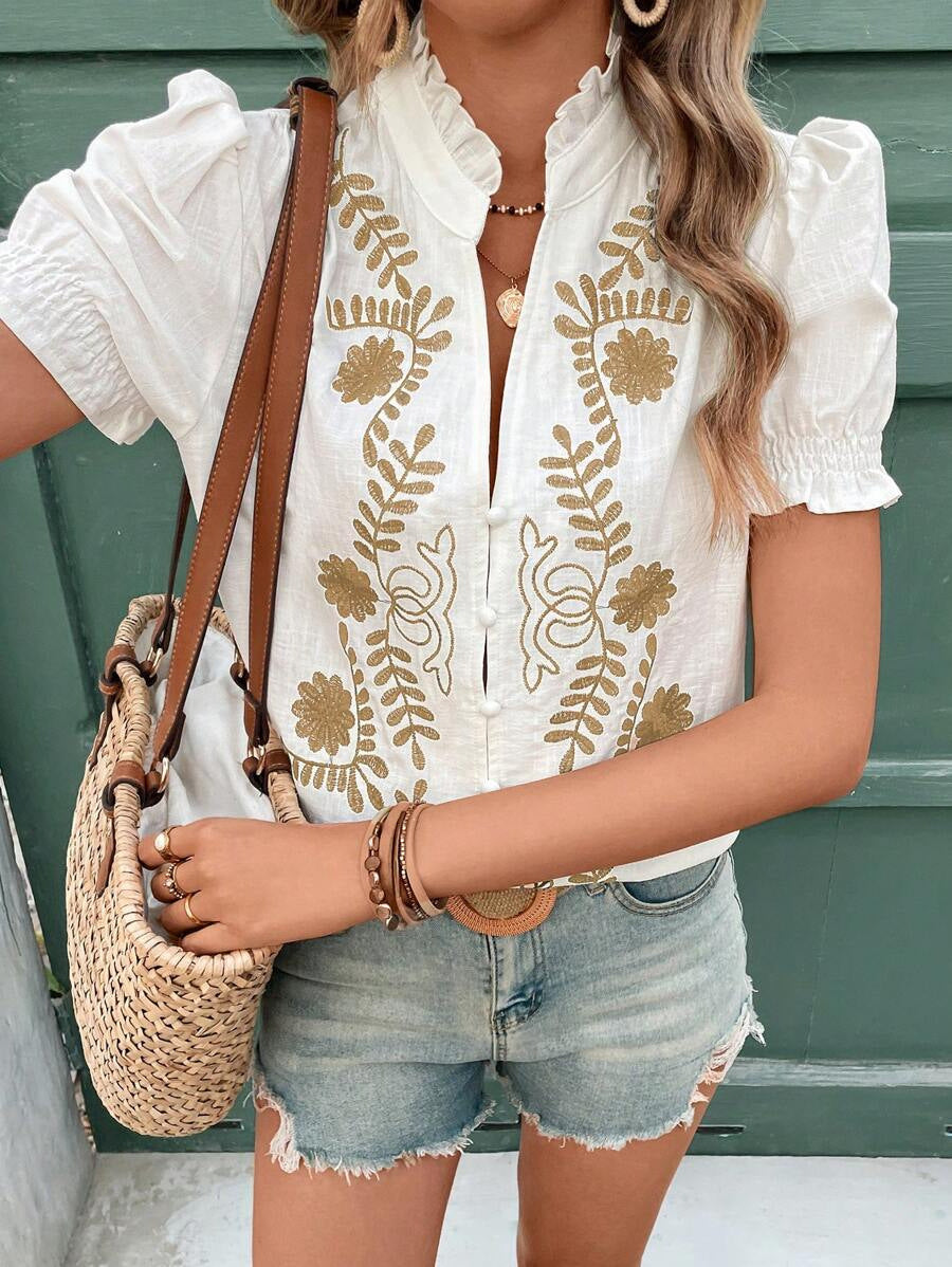 Women's Cotton Embroidered Cardigan Buckle Puff Short Sleeve - KaleaBoutique.com