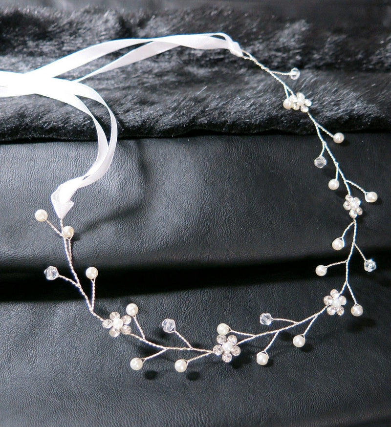 Delicate Floral Blossom Pearls and Rhinestones Wedding Bridal Boho Headband Wreath Bejeweled Hair Vine Floral Accessory 11.8"L - KaleaBoutique.com