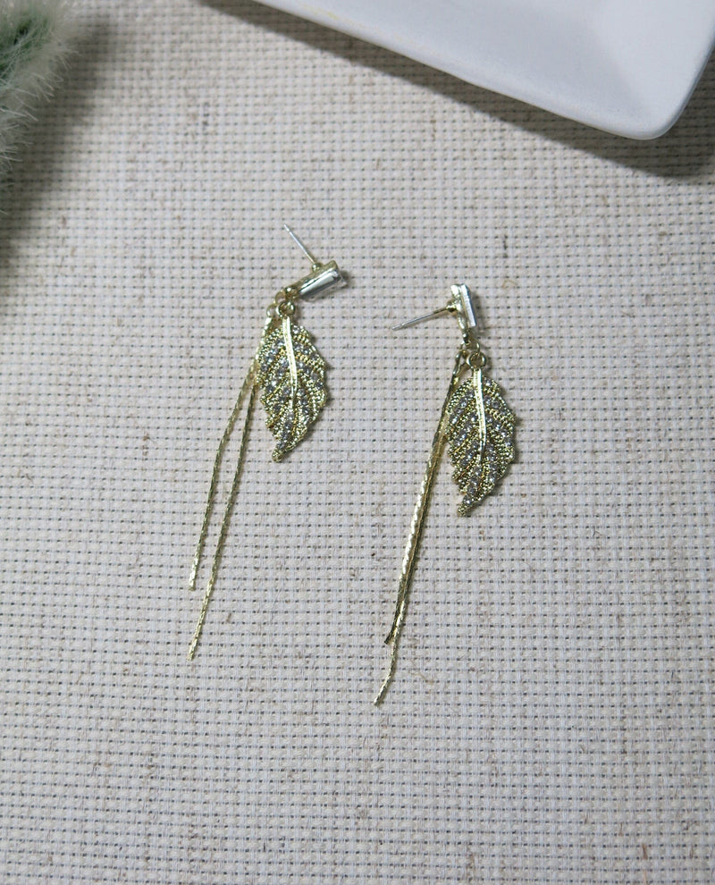 Delicate Floral Leaf Dangle Stud Earrings, Wedding Bridal Boho Gold Tone Dual Chain Dangle Statement 3.0"L Stud Fashion Earrings - KaleaBoutique.com