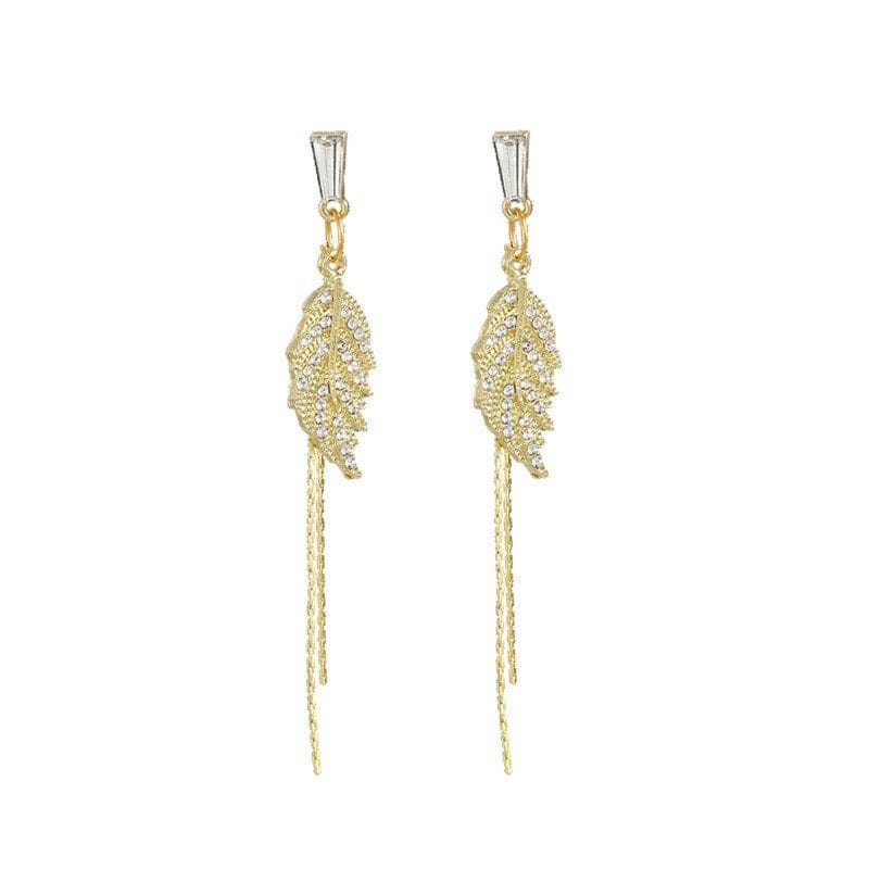 Delicate Floral Leaf Dangle Stud Earrings, Wedding Bridal Boho Gold Tone Dual Chain Dangle Statement 3.0"L Stud Fashion Earrings - KaleaBoutique.com