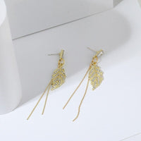 Delicate Crystal Leaf Dangle Earrings, Wedding Boho Gold Tone Dual Chain Bridal Stud Earrings - KaleaBoutique.com