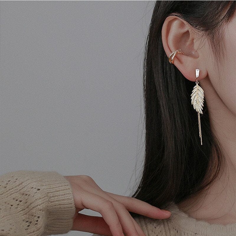 Delicate Crystal Leaf Dangle Earrings, Wedding Boho Gold Tone Dual Chain Bridal Stud Earrings - KaleaBoutique.com