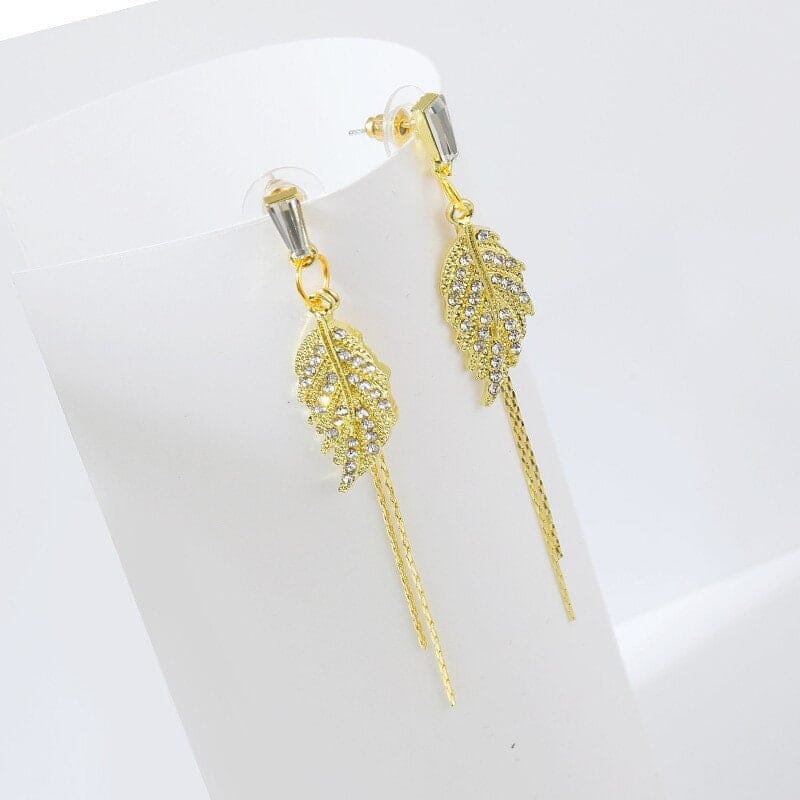 Delicate Crystal Leaf Dangle Earrings, Wedding Boho Gold Tone Dual Chain Bridal Stud Earrings - KaleaBoutique.com