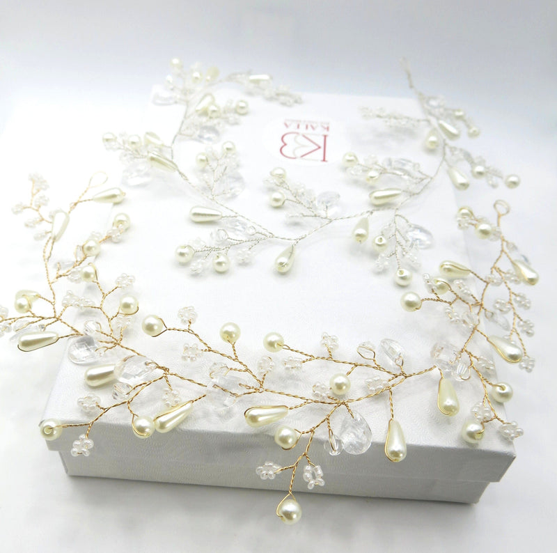 Floral Pearl Wedding Headband Wire, Bridal Wire Head Wreath, Flower Pearl Hair Vine Hairpiece - KaleaBoutique.com