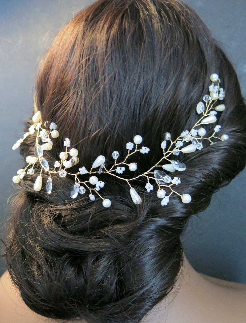 Delicate Floral Pearl Wedding Wire Headband, Bridal Wire Head Wreath, Flower Pearl Hairpiece, Bride Crystal Leaf Pearl Wire Tiara Headpiece - KaleaBoutique.com