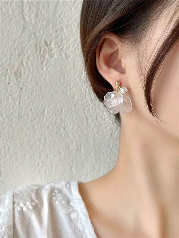 Floral Pearl 925 Silver Post Bridal Ear Studs, Wedding Fashion Gold Dangle Seashell Petal Stud Earrings for Bride - KaleaBoutique.com