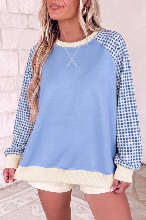 KaleaBoutique Comfortable Plaid Sleeve Colorblock Raglan Pullover Sweatshirt - KaleaBoutique.com
