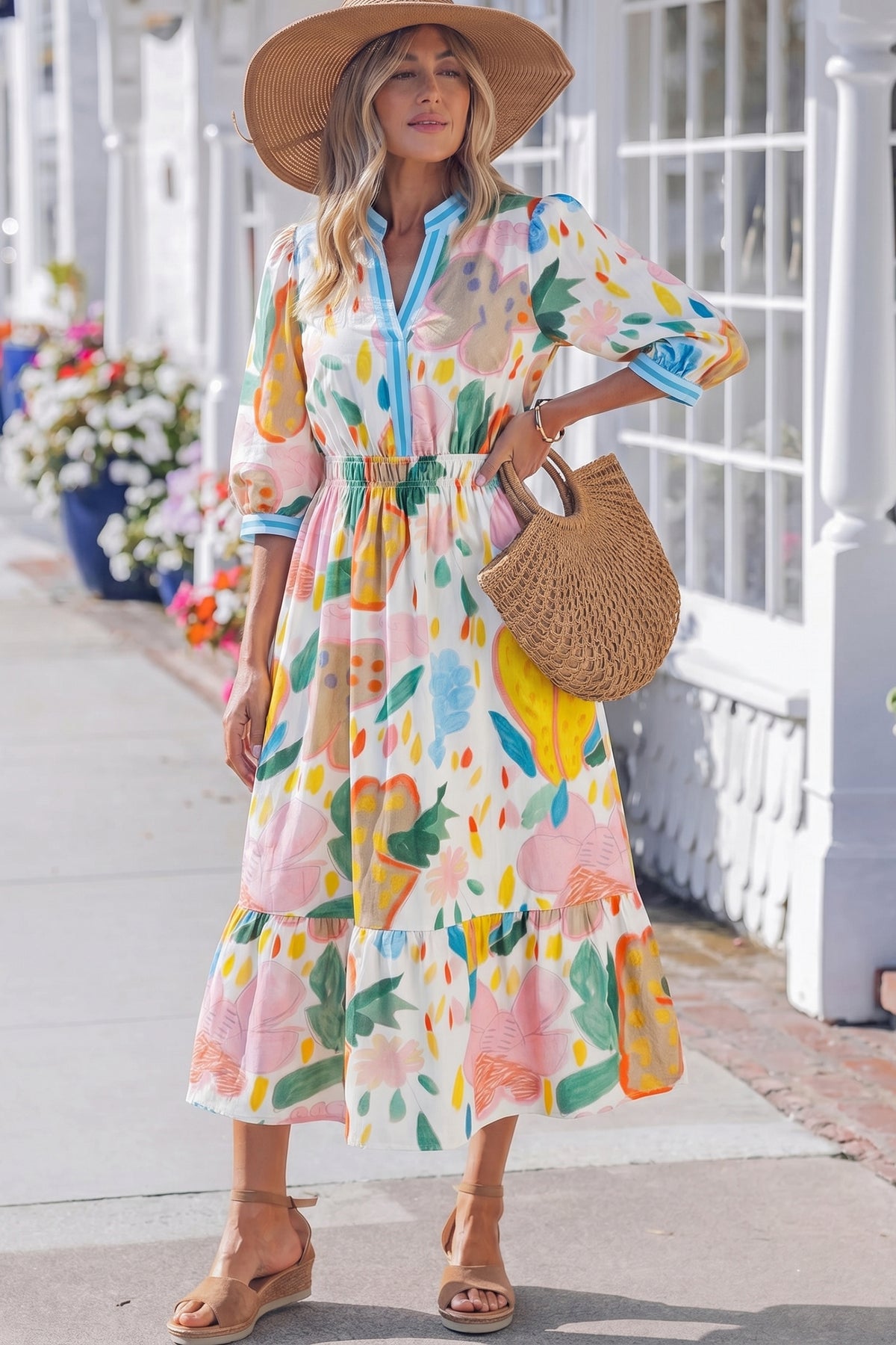 KaleaBoutique Stylish Floral Doodle Print Striped Trim V Neck Midi Dress - KaleaBoutique.com