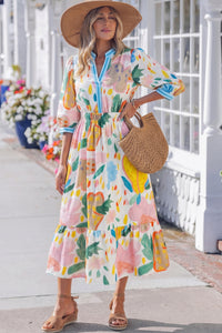 KaleaBoutique Stylish Floral Doodle Print Striped Trim V Neck Midi Dress - KaleaBoutique.com
