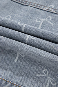 Bow Knot Print Light Wash Raw Hem Denim Jacket - KaleaBoutique.com