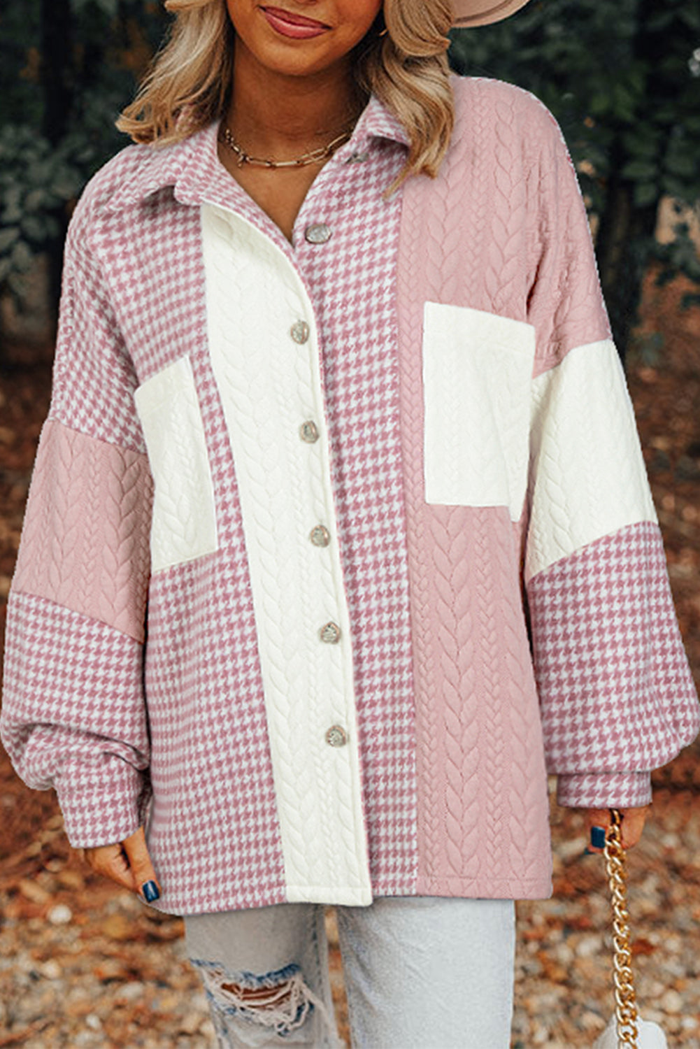 Houndstooth Color Contrast Textured Patchwork Loose Shacket - KaleaBoutique.com
