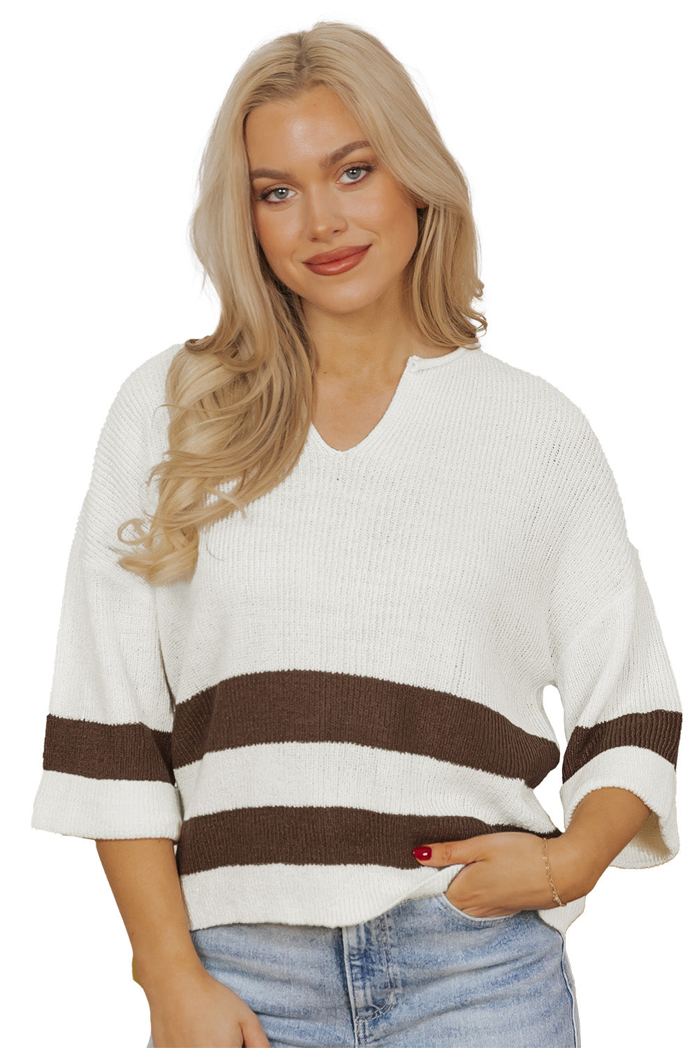 KaleaBoutique Stylish Brown Striped Accent Notched V Neck Cropped Sweater T Shirt - KaleaBoutique.com