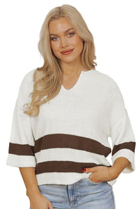 KaleaBoutique Stylish Brown Striped Accent Notched V Neck Cropped Sweater T Shirt - KaleaBoutique.com