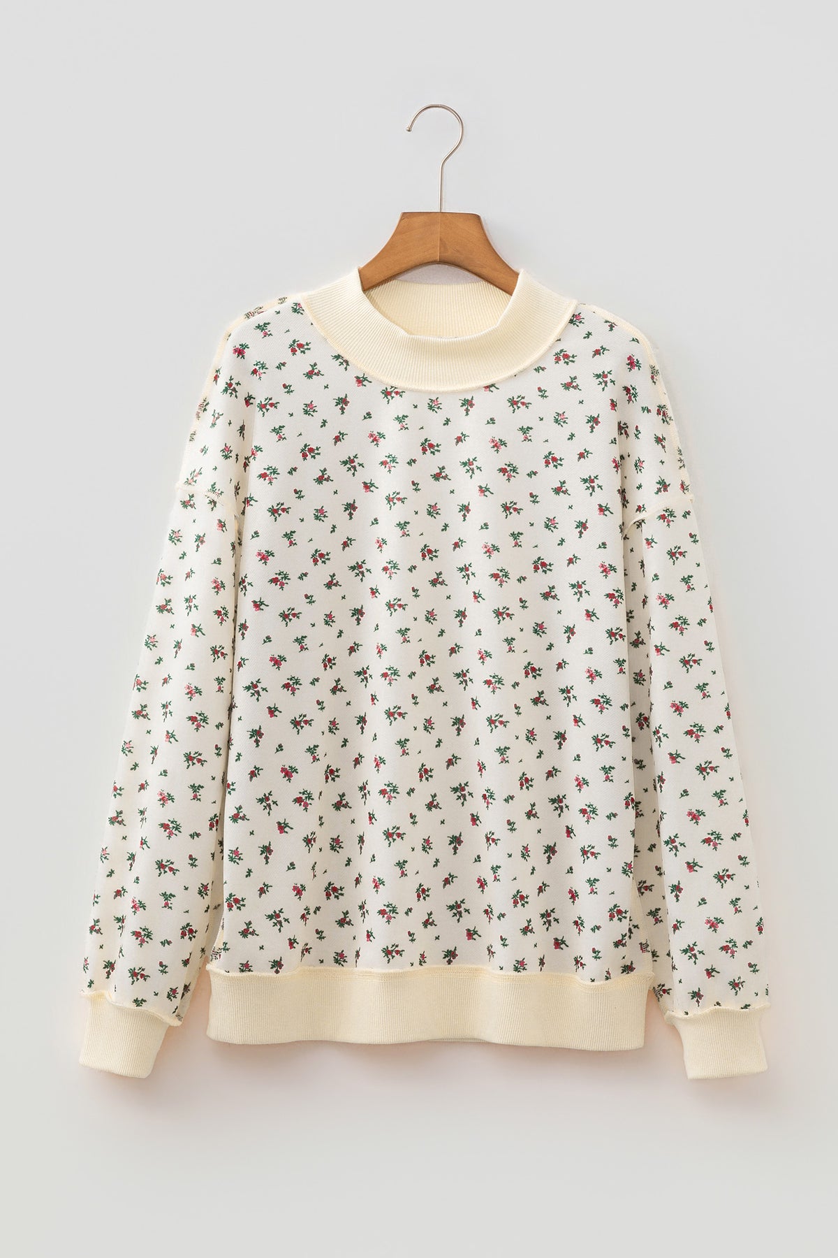 KaleaBoutique Stylish Ribbed High Neck Patchwork Floral Print Baggy Pullover Sweatshirt - KaleaBoutique.com