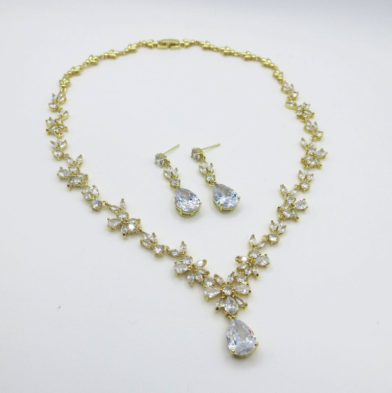 Diamond Crystal Bridal 3 PC Necklace Set, Gem Flower Wedding Jewelry Set, 14K Gold Plated Copper CZ Crystal Necklace and Stud Earrings - KaleaBoutique.com
