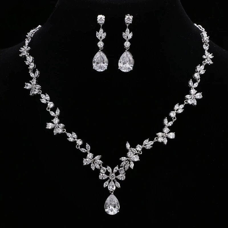 Diamond CZ Crystal Bridal 3 PC Necklace Set, Gem Flower Wedding Jewelry Set, 14K Gold Plated Necklace and Earring Set - KaleaBoutique.com