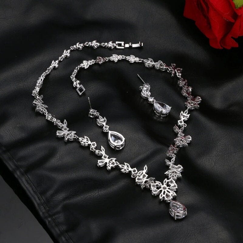 Diamond CZ Crystal Bridal 3 PC Necklace Set, Gem Flower Wedding Jewelry Set, 14K Gold Plated Necklace and Earring Set - KaleaBoutique.com