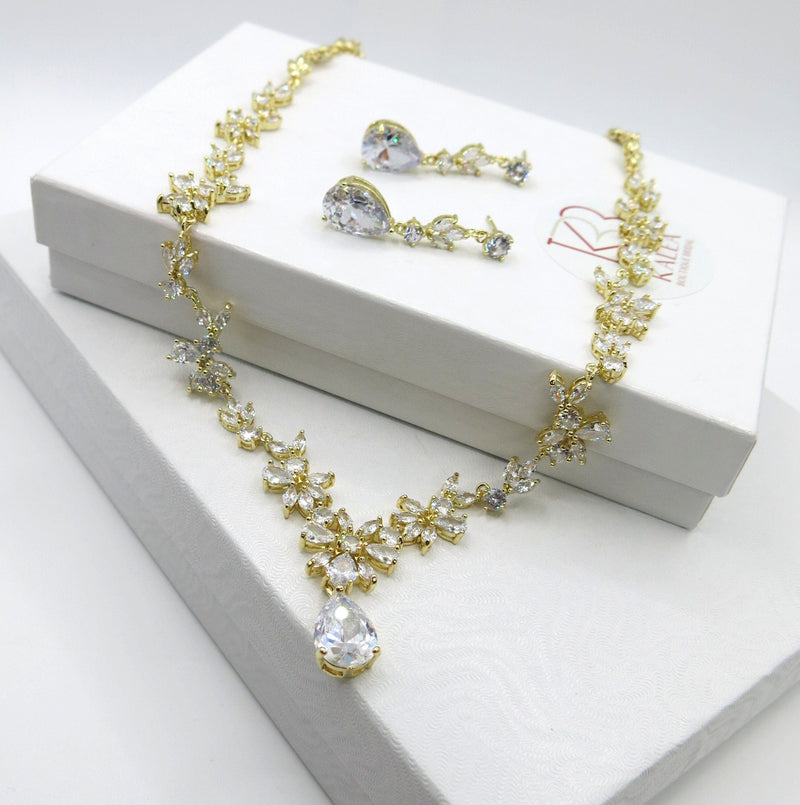 Diamond Crystal Bridal 3 PC Necklace Set, Gem Flower Wedding Jewelry Set, 14K Gold Plated Copper CZ Crystal Necklace and Stud Earrings - KaleaBoutique.com