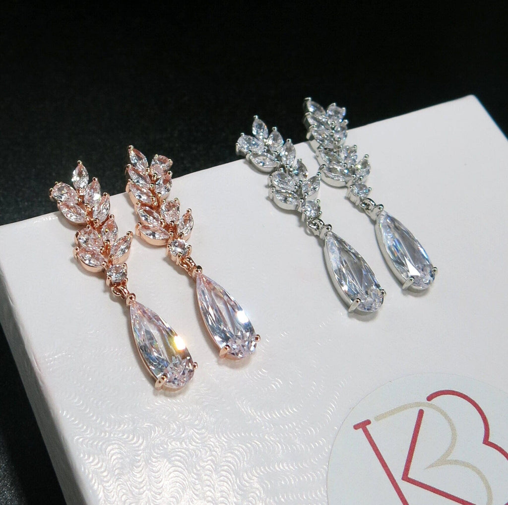 Diamond CZ Crystal Dangle Earrings, Bridesmaid Crystal Ear Studs, Wedding or Prom 14K Gold Plated Earrings - KaleaBoutique.com
