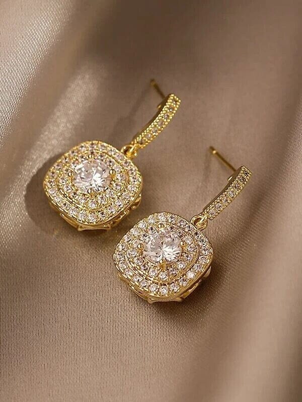 Diamond CZ Square Dangle Earrings, Wedding Crystal Studded Earrings, Minimalist 14K Gold Plated Ear Studs - KaleaBoutique.com