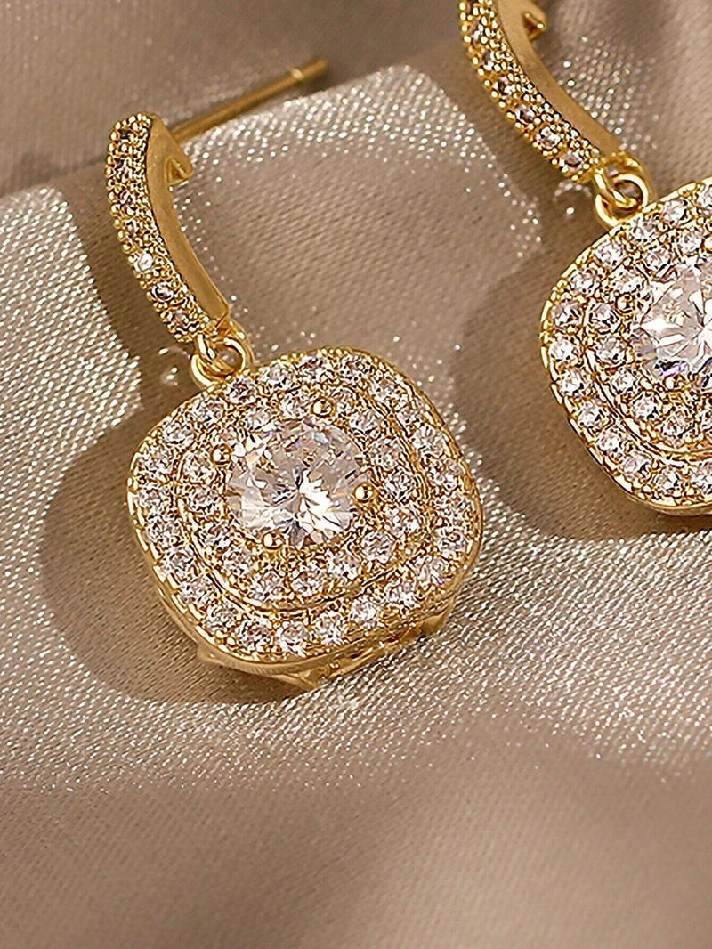 Diamond CZ Square Dangle Earrings, Wedding Crystal Studded Earrings, Minimalist 14K Gold Plated Ear Studs - KaleaBoutique.com