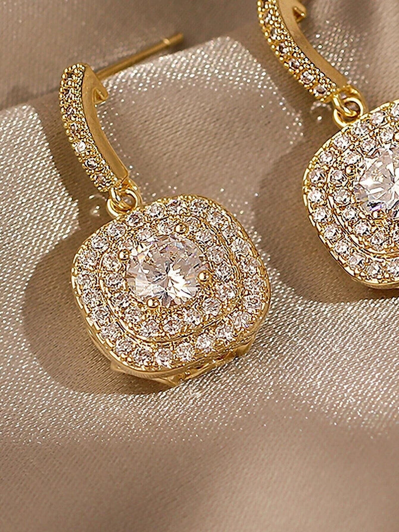 Diamond Crystal Dangle Stud Earrings, Wedding CZ Diamond Studded Earrings, Minimalist Bridal or Bridesmaid 14K Gold Plated Copper Ear Studs - KaleaBoutique.com