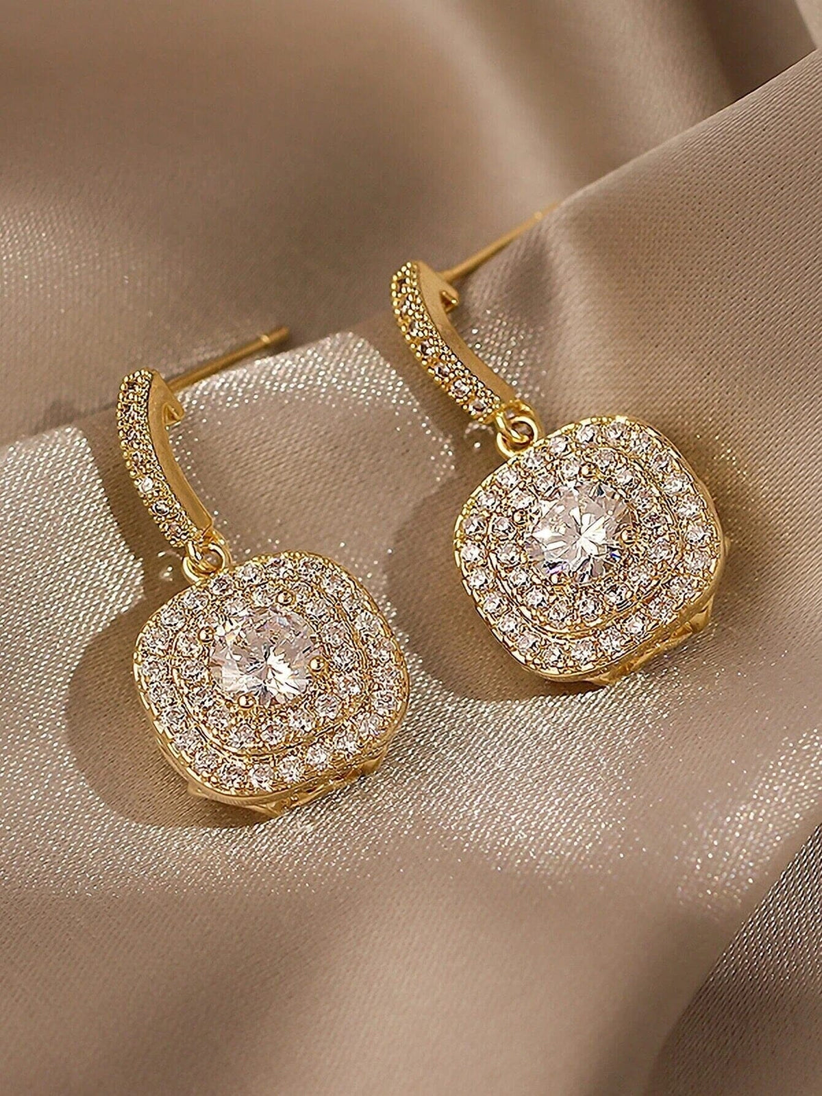 Diamond CZ Square Dangle Earrings, Wedding Crystal Studded Earrings, Minimalist 14K Gold Plated Ear Studs - KaleaBoutique.com