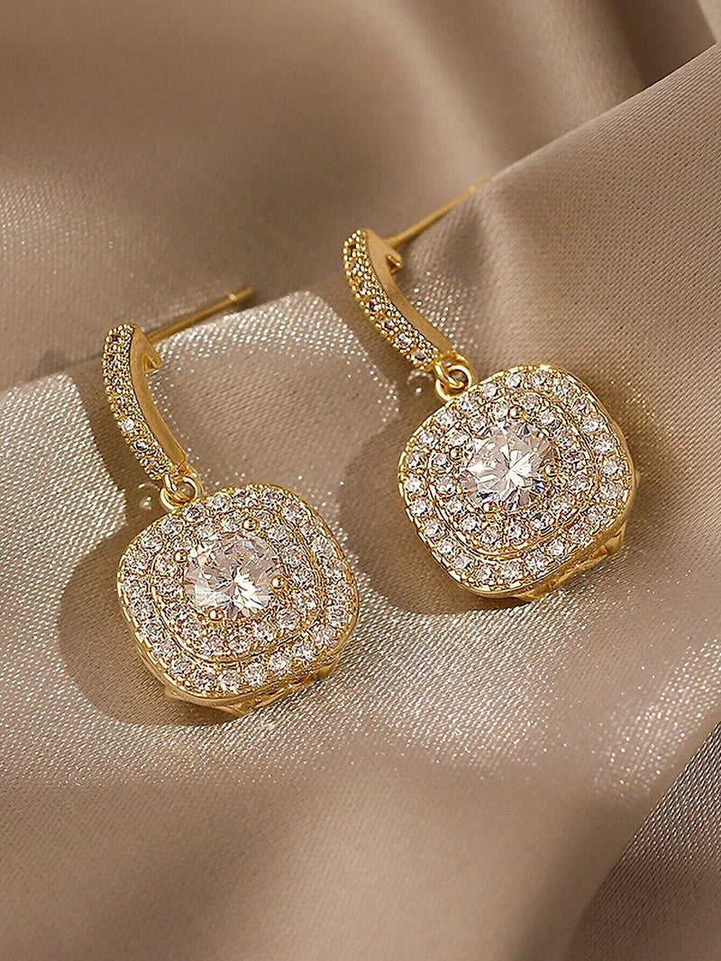 Diamond CZ Square Dangle Earrings, Wedding Crystal Studded Earrings, Minimalist 14K Gold Plated Ear Studs - KaleaBoutique.com