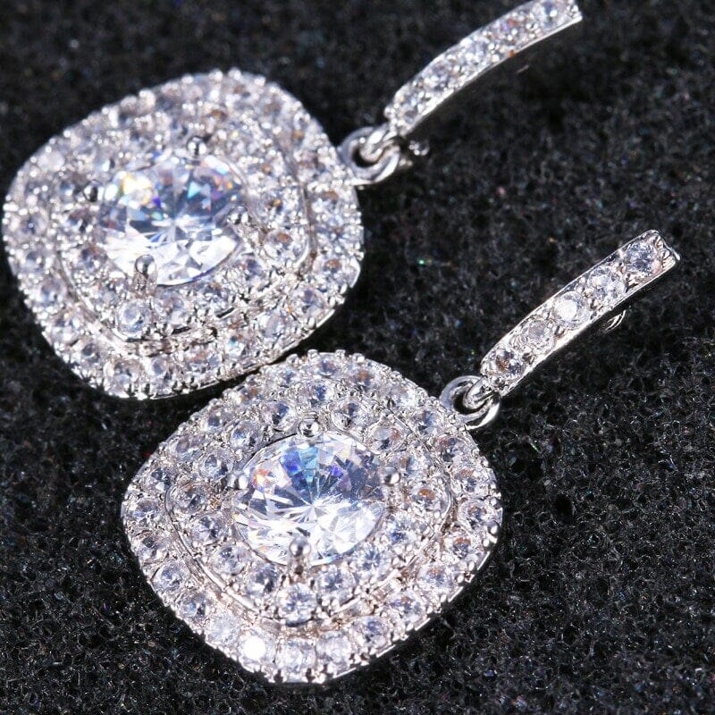 Diamond CZ Square Dangle Earrings, Wedding Crystal Studded Earrings, Minimalist 14K Gold Plated Ear Studs - KaleaBoutique.com