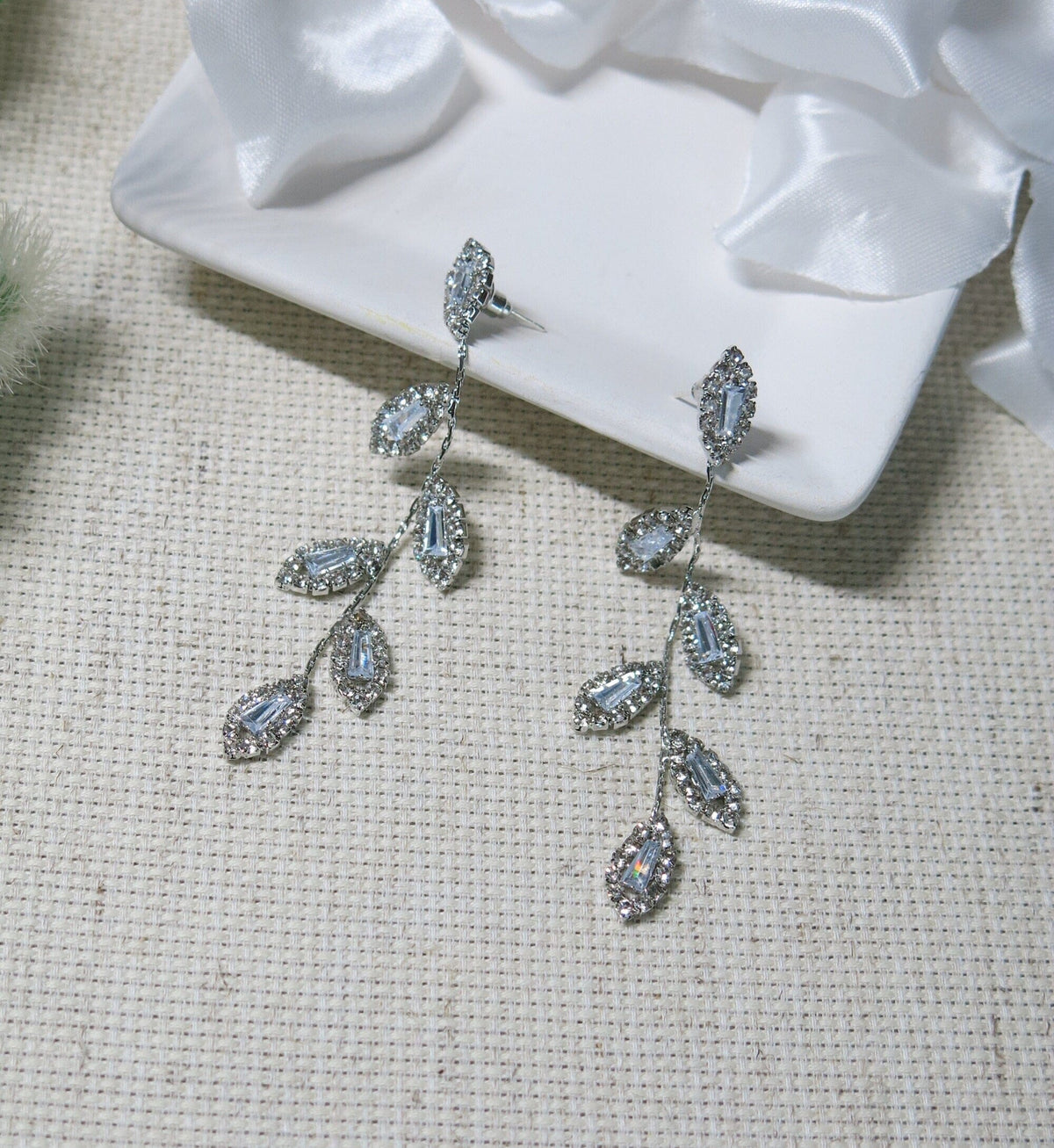 Diamond CZ Crystal Leaf Studs, Wedding Dangle Leaf Earrings, Bridal or Bridesmaids 14K Gold Plated Earrings - KaleaBoutique.com