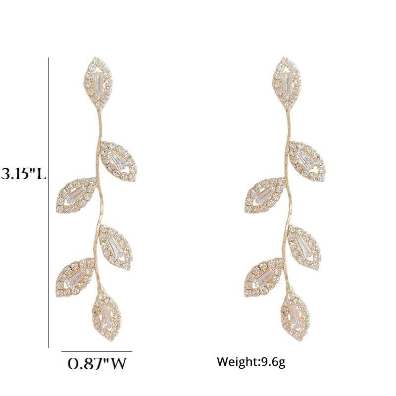 Diamond Crystal Leaf Studs, Crystal S925 Silver Wedding Earrings, Bridal or Bridesmaid Tassel Chain Earrings, CZ Leaf Statement Earrings - KaleaBoutique.com