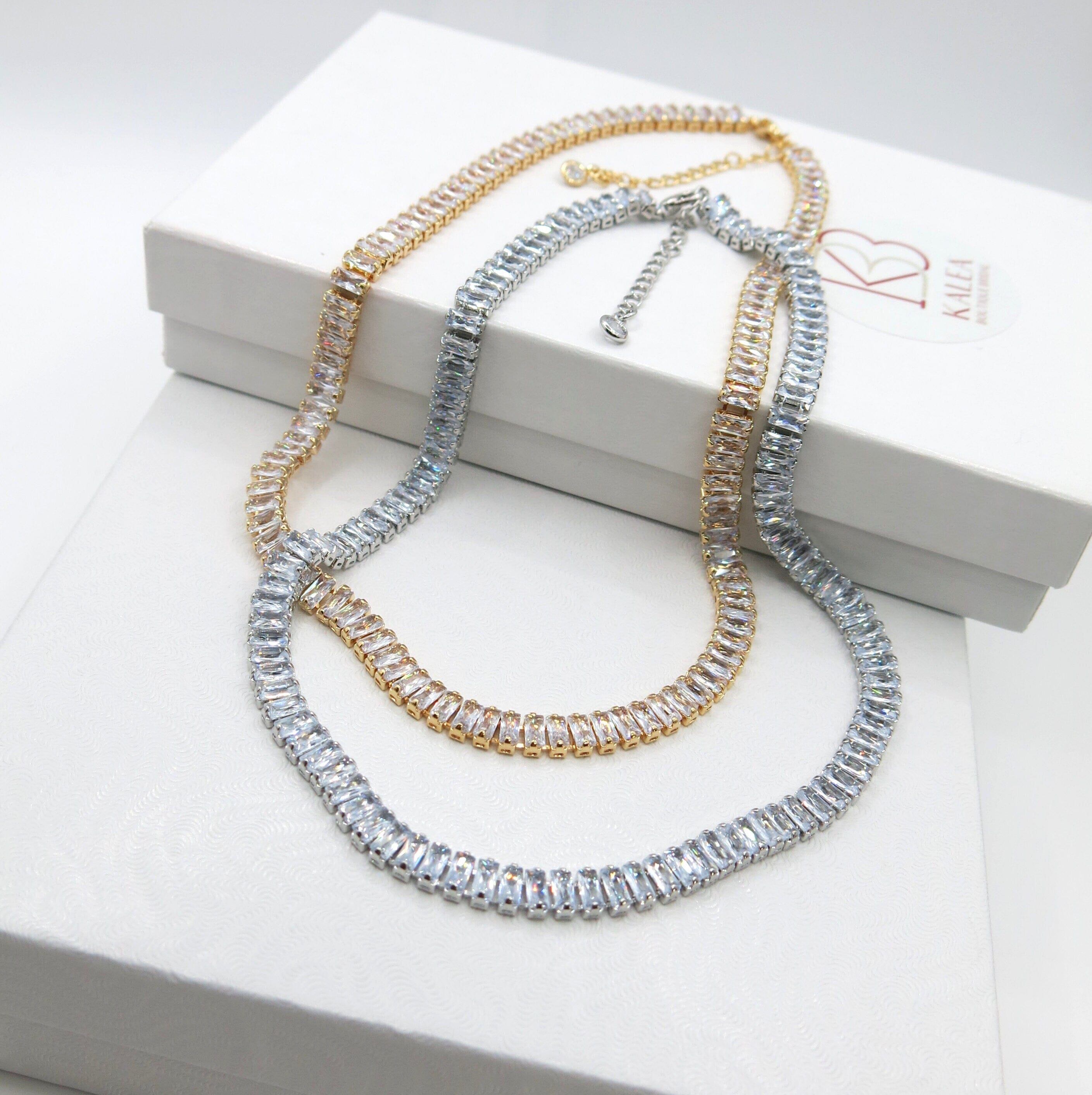 Diamond CZ Crystal Tennis Necklace, 14K Gold Plated Crystal Necklace,  Baguette Cut Crystal Fashion Jewelry